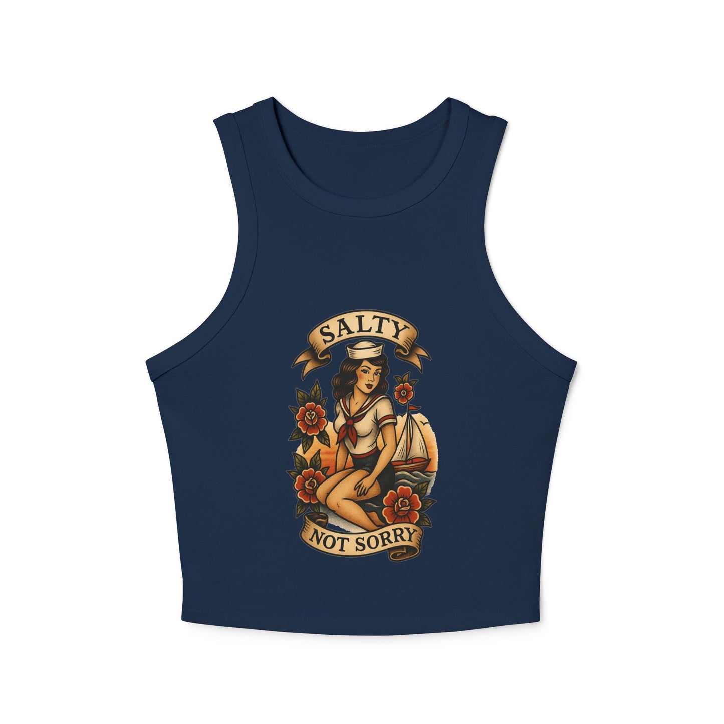 Salty Not Sorry Women's Micro Rib Racer Tank Top, Summer Crop Top, Nautical Inspired Apparel, Beachwear, Gift for Sailors, Casual Outfit