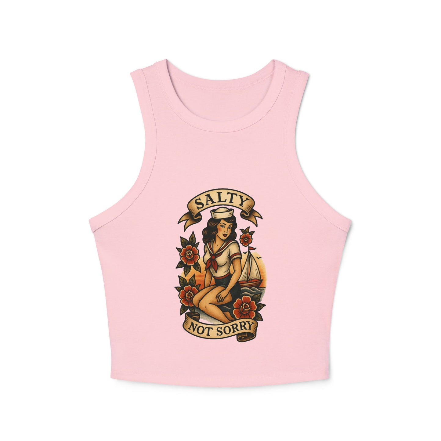 Salty Not Sorry Women's Micro Rib Racer Tank Top, Summer Crop Top, Nautical Inspired Apparel, Beachwear, Gift for Sailors, Casual Outfit