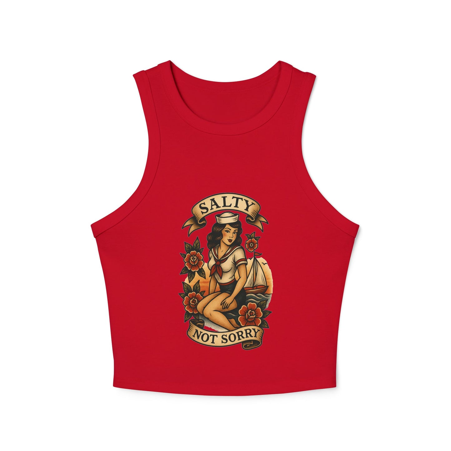 Salty Not Sorry Women's Micro Rib Racer Tank Top, Summer Crop Top, Nautical Inspired Apparel, Beachwear, Gift for Sailors, Casual Outfit