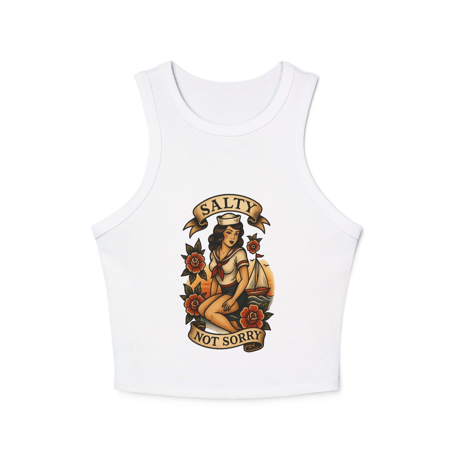 Salty Not Sorry Women's Micro Rib Racer Tank Top, Summer Crop Top, Nautical Inspired Apparel, Beachwear, Gift for Sailors, Casual Outfit