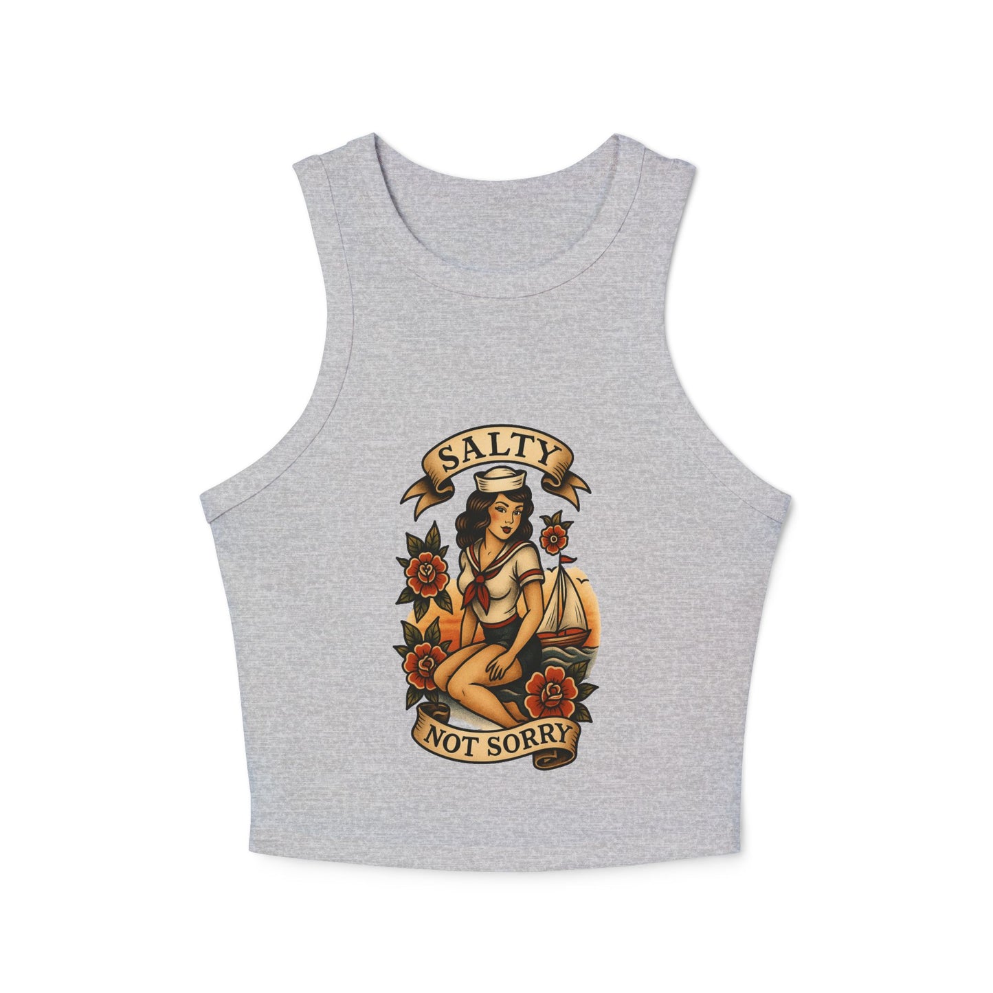 Salty Not Sorry Women's Micro Rib Racer Tank Top, Summer Crop Top, Nautical Inspired Apparel, Beachwear, Gift for Sailors, Casual Outfit